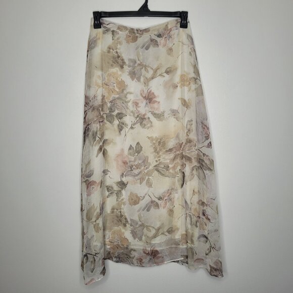Vintage 90 cream grunge crinkle floral a line maxi mid romantic skirt size large - Picture 1 of 7